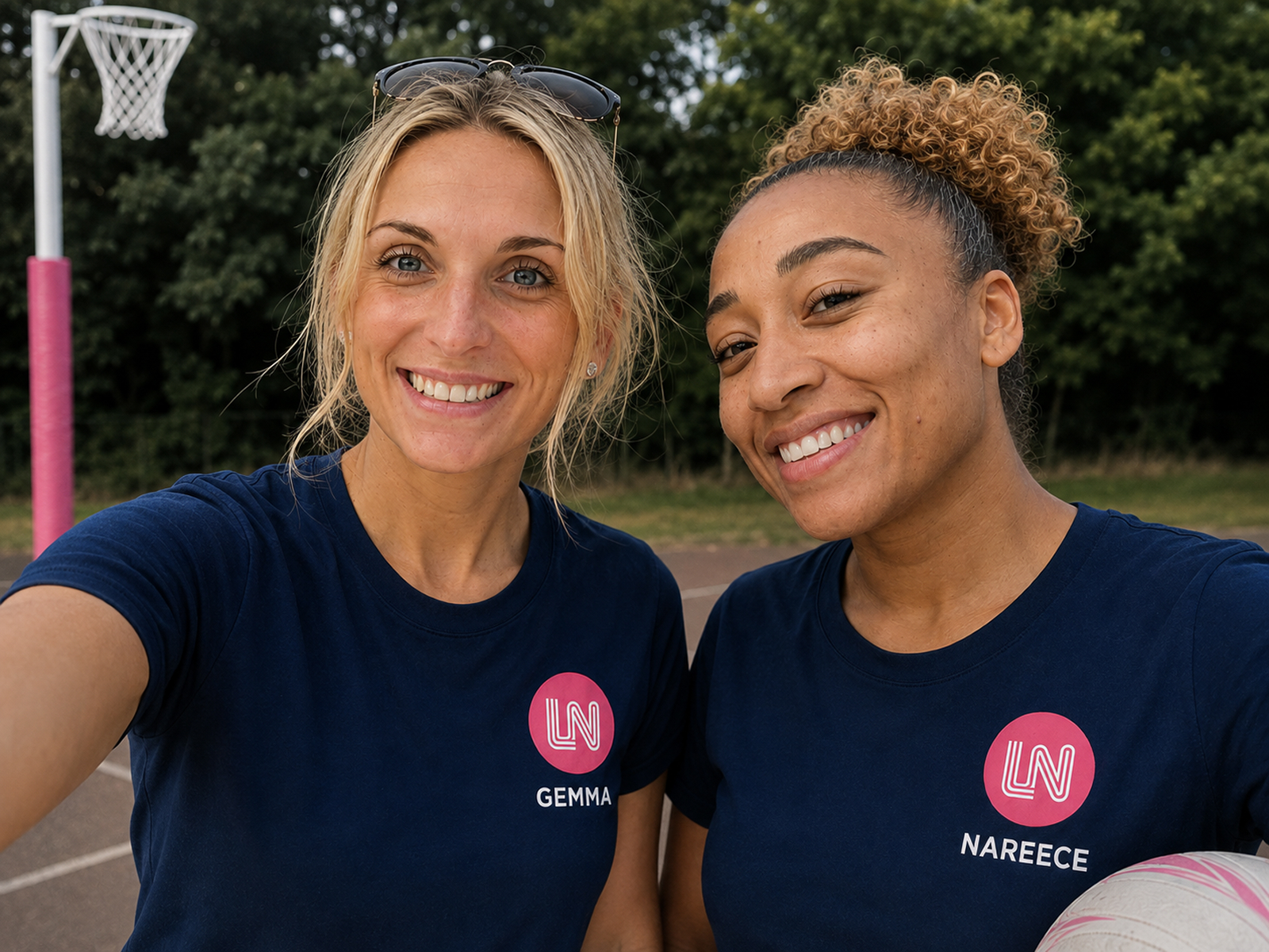 Gemma and Nareece on a netball court